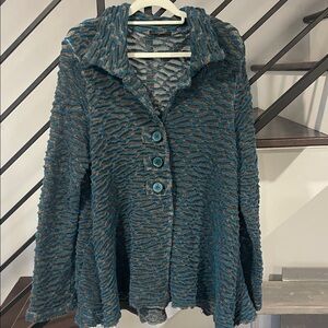 Radzoli Sheer Knit Blue Gray Button Sweater Cardigan XL Aztec Soft Cozy